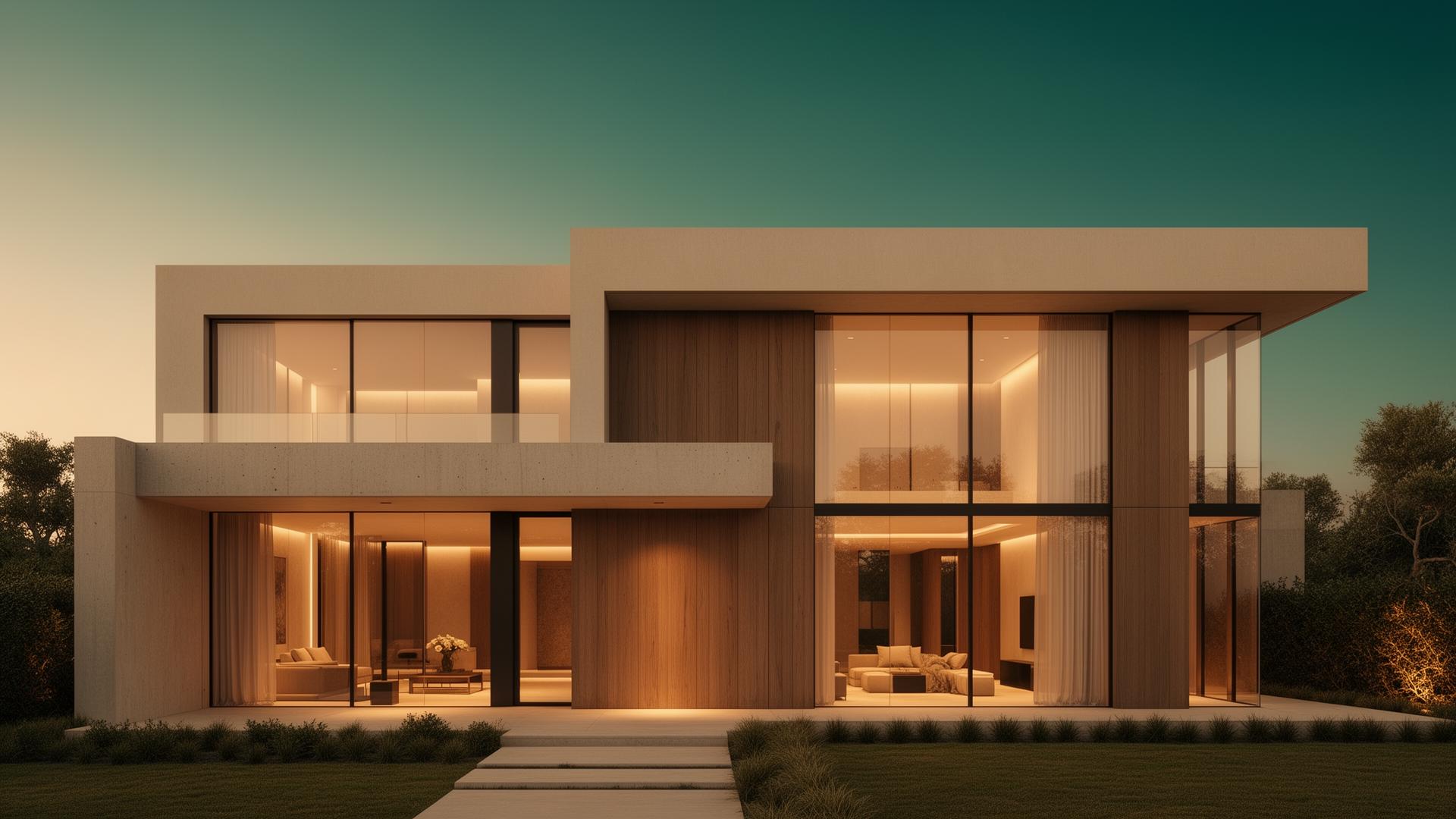 Casa contemporânea com fachada minimalista, integração de concreto, madeira e grandes vidros iluminados